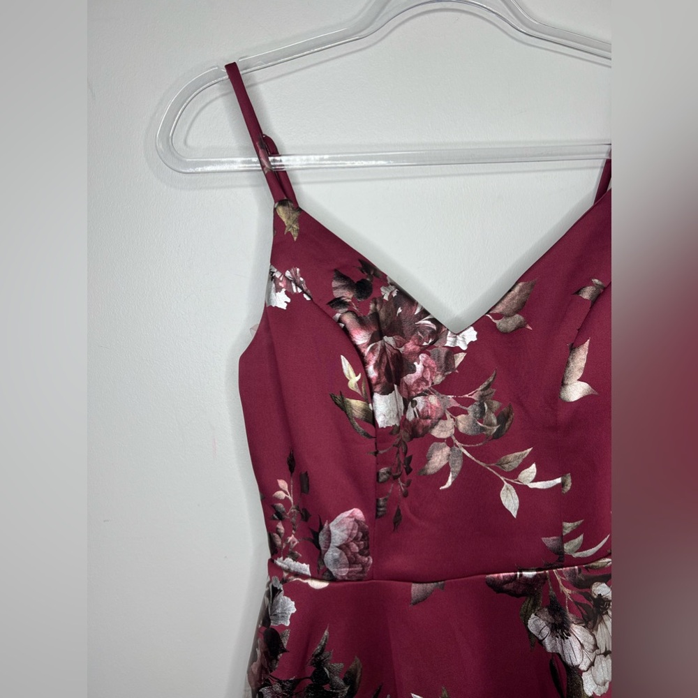 Crystal Doll maroon/red floral v-front peplum hem lined dress. Medium Prom - Picture 5 of 9